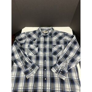 Ely Cattleman Shirt Mens 2XL Blue Plaid Western Pearl Snap‎ Cowboy Rodeo Rancher